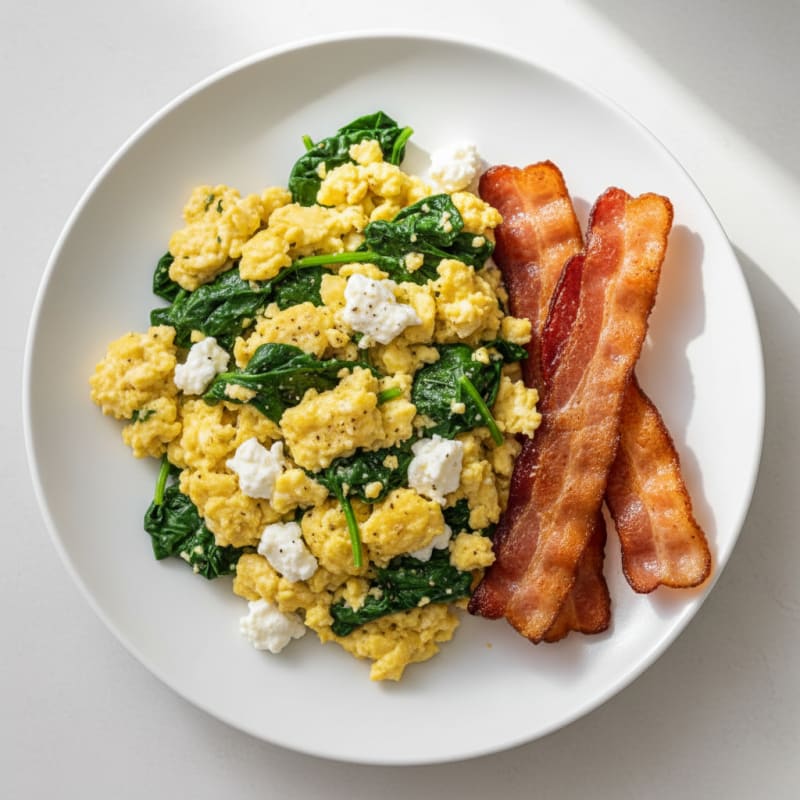 Cottage Cheese Egg Scramble with Spinach and Turkey Bacon