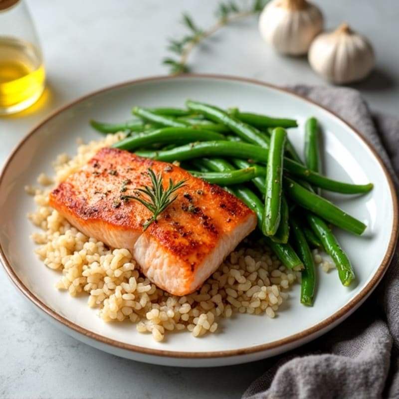 Seared Salmon with Garlic Green Beans and Brown Rice