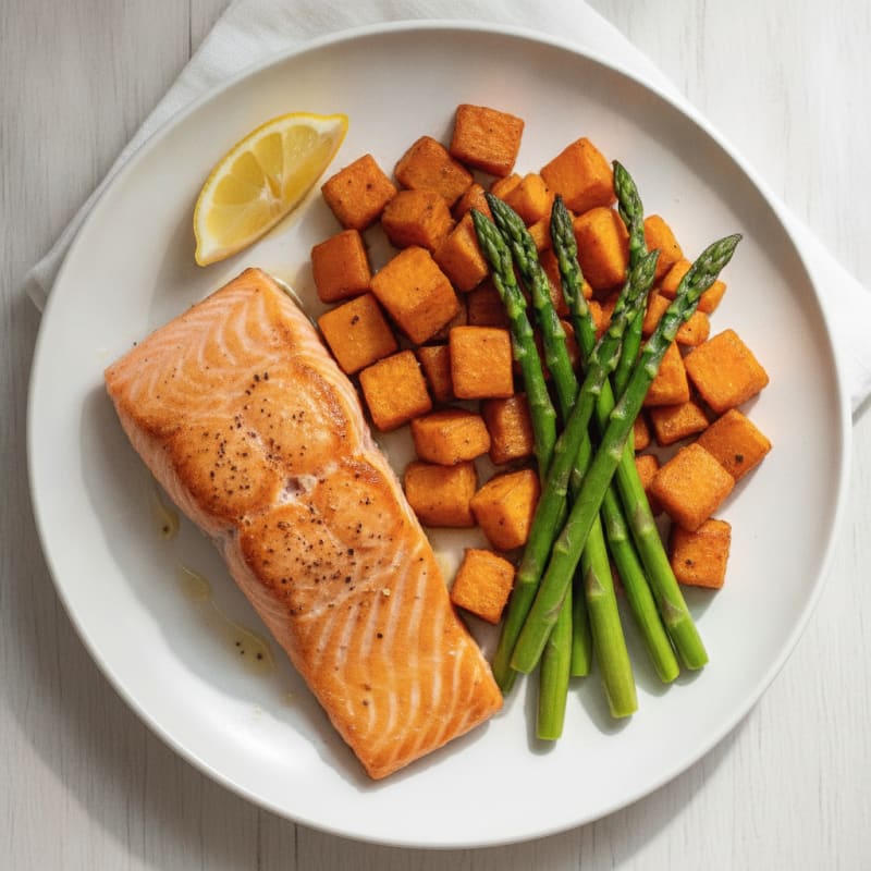 Seared Salmon Filet with Roasted Sweet Potatoes and Asparagus