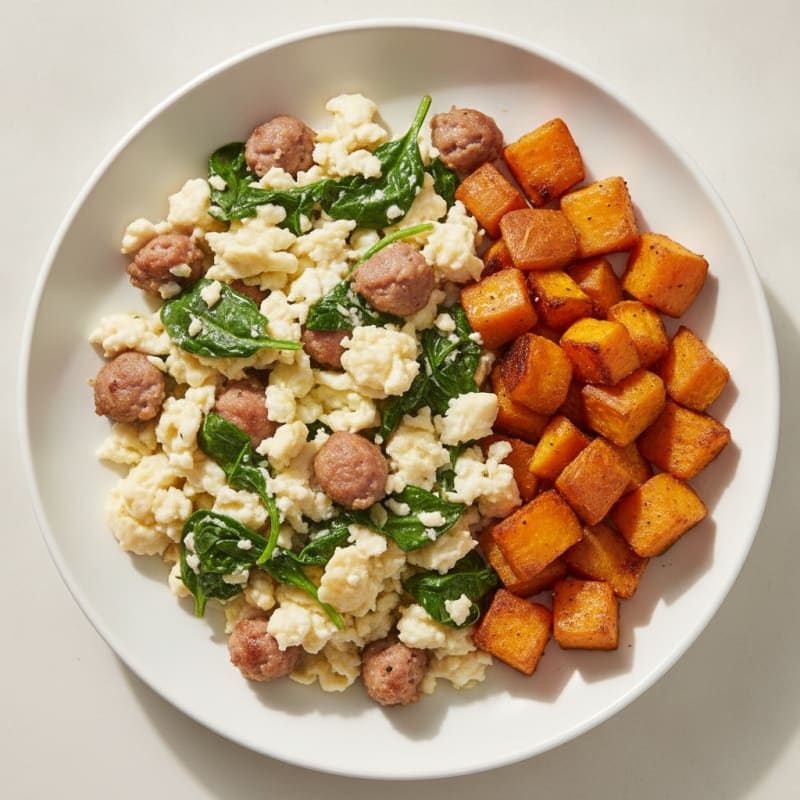 Egg White and Turkey Sausage Scramble with Spinach and Roasted Sweet Potatoes