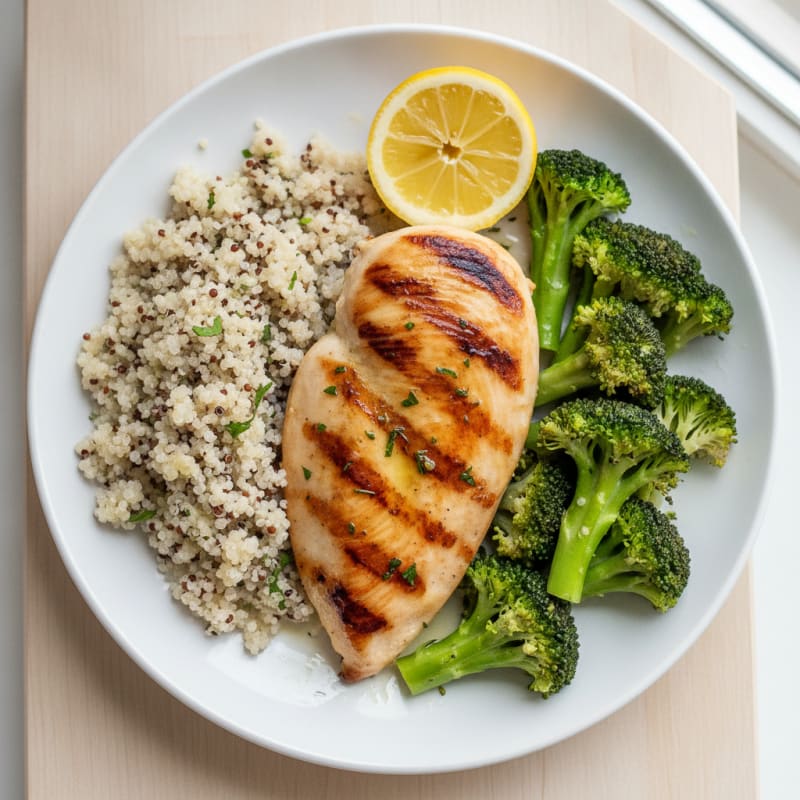 Grilled Chicken Breast with Steamed Broccoli and Quinoa