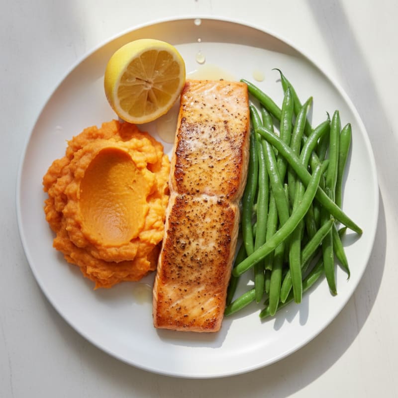 Seared Salmon with Steamed Green Beans and Sweet Potato Mash