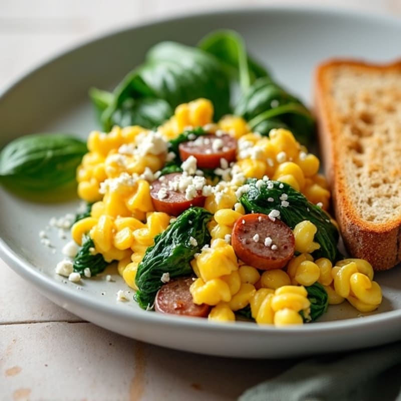 Egg White and Turkey Sausage Scramble with Sautéed Spinach