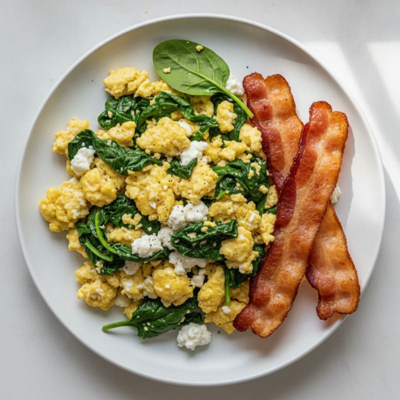 Cottage Cheese Egg Scramble with Sautéed Spinach and Turkey Bacon