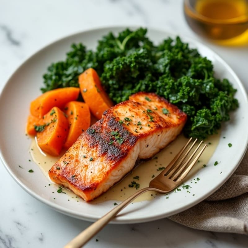 Crispy Salmon with Roasted Sweet Potatoes and Greens