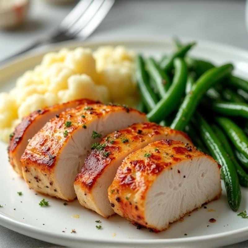Seared Turkey Breast with Garlic Green Beans and Mashed Cauliflower