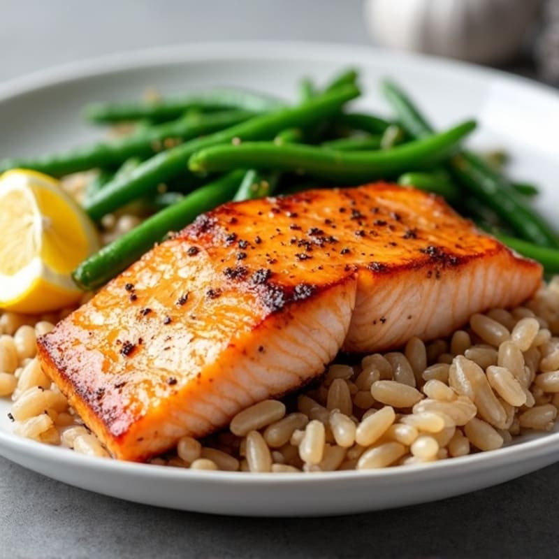 Seared Salmon Fillet with Garlic Green Beans and Brown Rice
