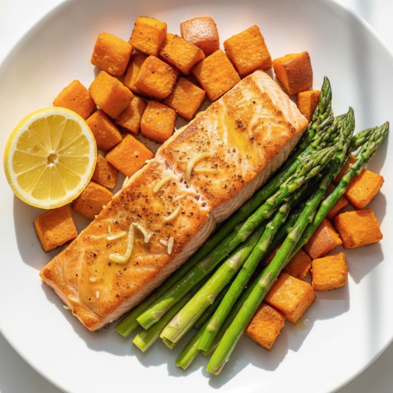 Seared Salmon with Roasted Sweet Potato and Asparagus