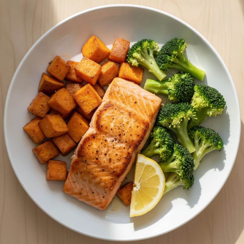 Seared Salmon with Roasted Sweet Potatoes and Steamed Broccoli
