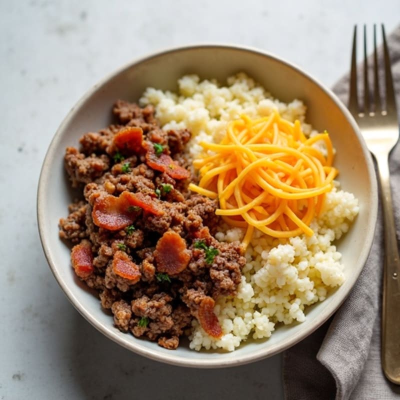 Lean Ground Beef & Crispy Turkey Bacon Bowls with Cheesy Cauliflower Rice