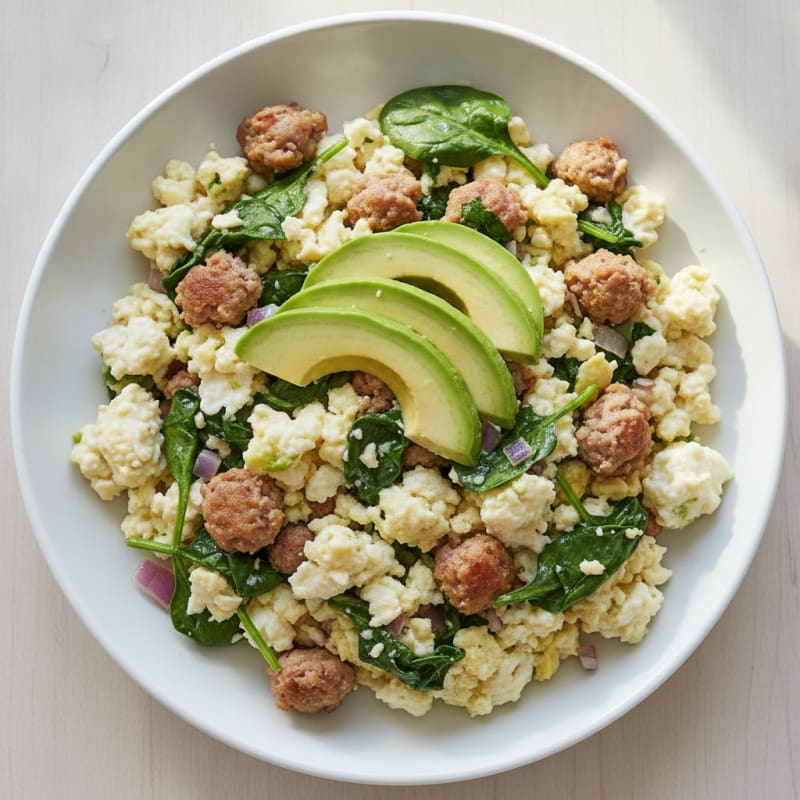 Egg White Scramble with Turkey Sausage and Sautéed Spinach