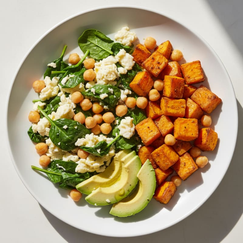Egg White Scramble with Spinach, Chickpeas, and Roasted Sweet Potato