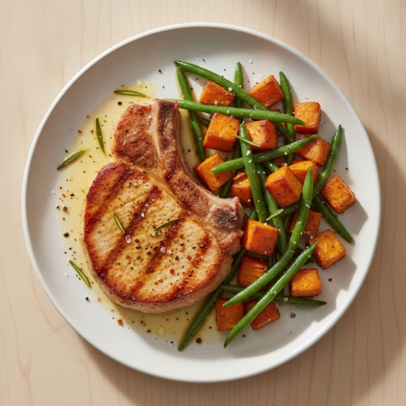 Pan-Seared Pork Chop with Roasted Sweet Potatoes