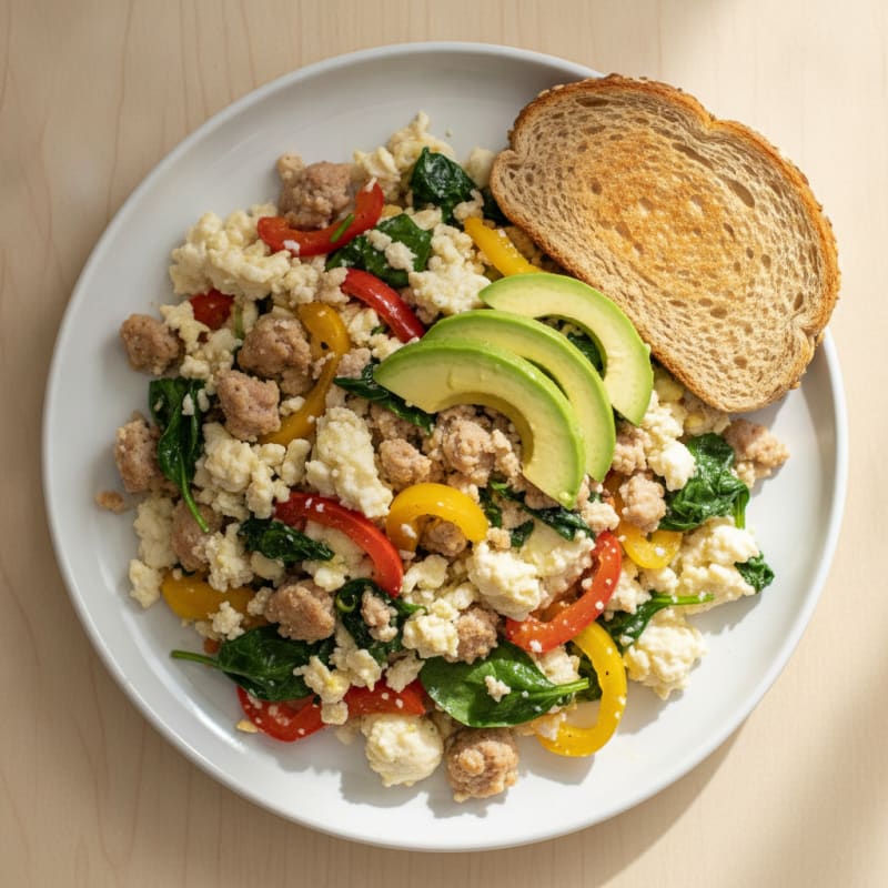 Egg White and Turkey Sausage Scramble with Spinach and Bell Peppers