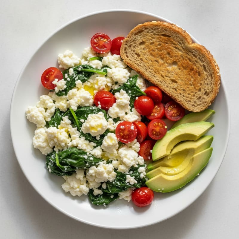 Egg White and Cottage Cheese Scramble with Spinach and Cherry Tomatoes