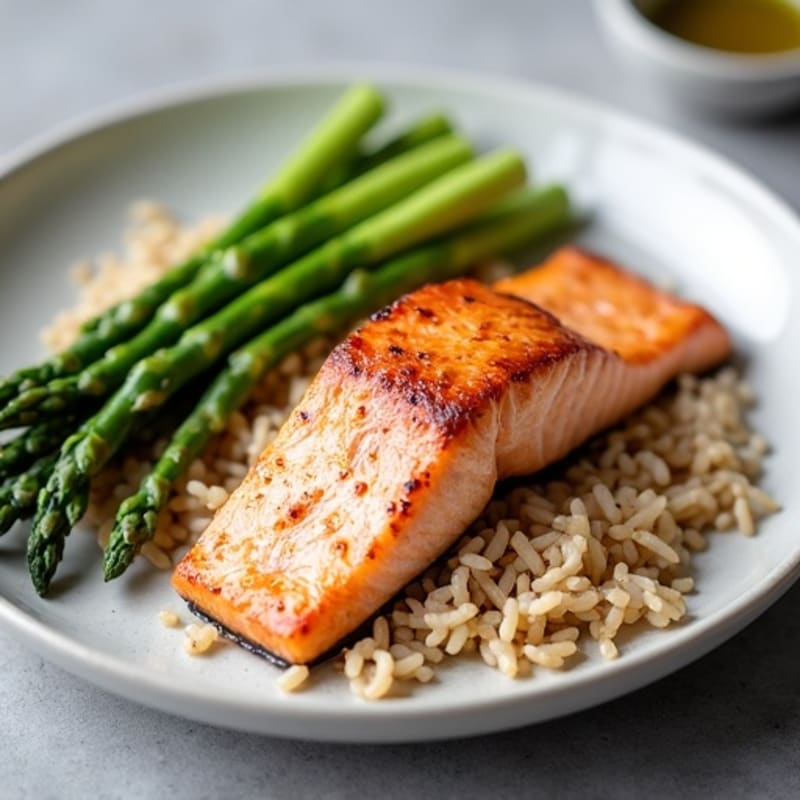 Seared Salmon with Steamed Asparagus and Brown Rice