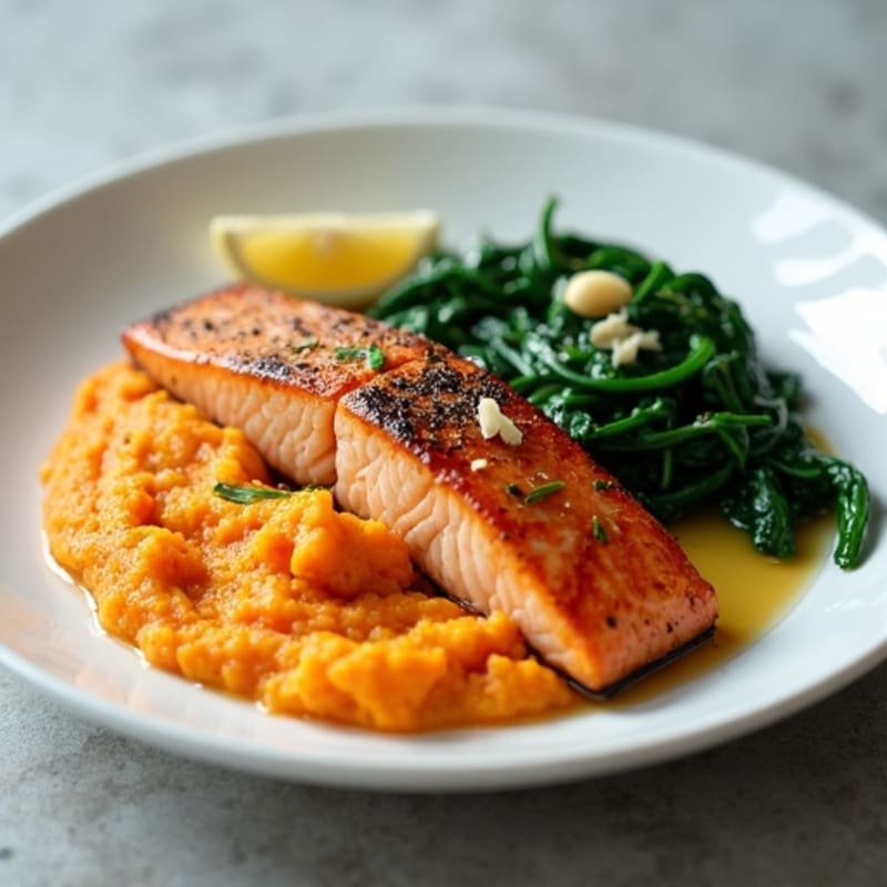 Seared Salmon with Garlic Spinach and Sweet Potato Mash