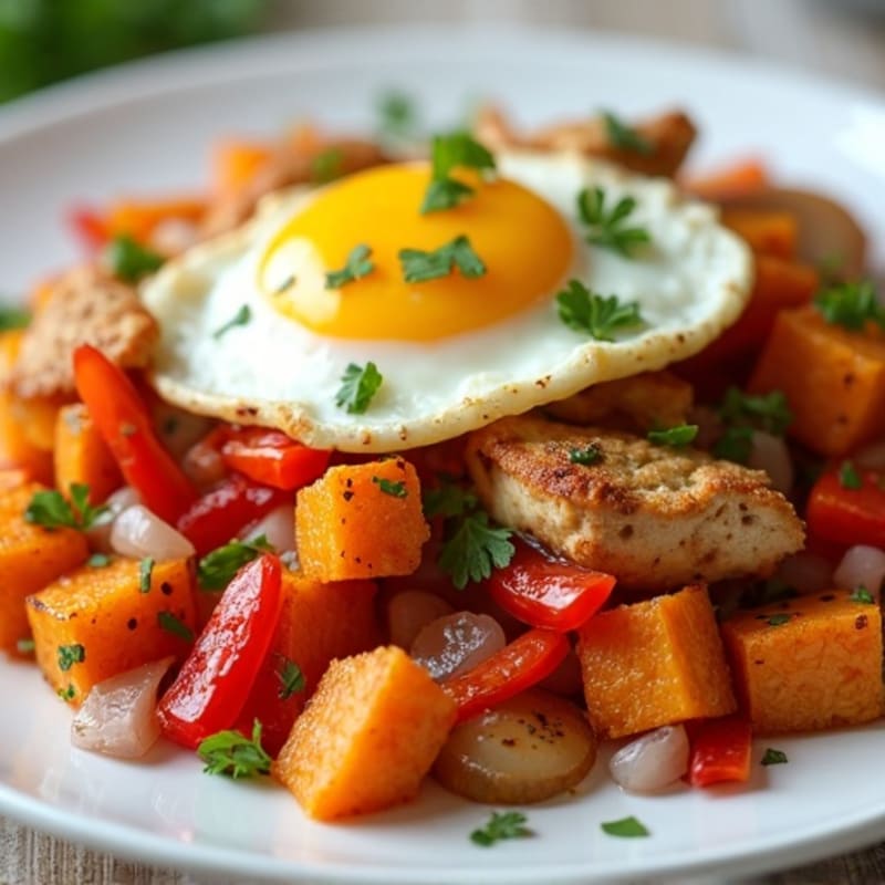 Crispy Sweet Potato and Egg Hash with Chicken
