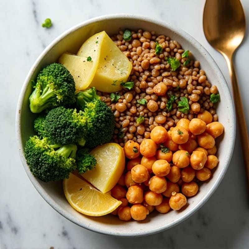 Chickpea and Lentil Power Bowl with Roasted Broccoli