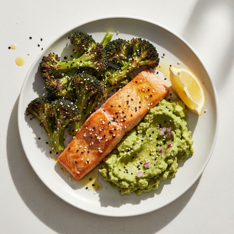 Seared Salmon with Roasted Broccoli and Avocado Mash