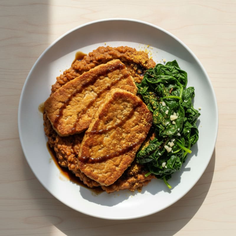 Seared Tempeh Steaks with Creamy Lentil Mash and Garlic Spinach
