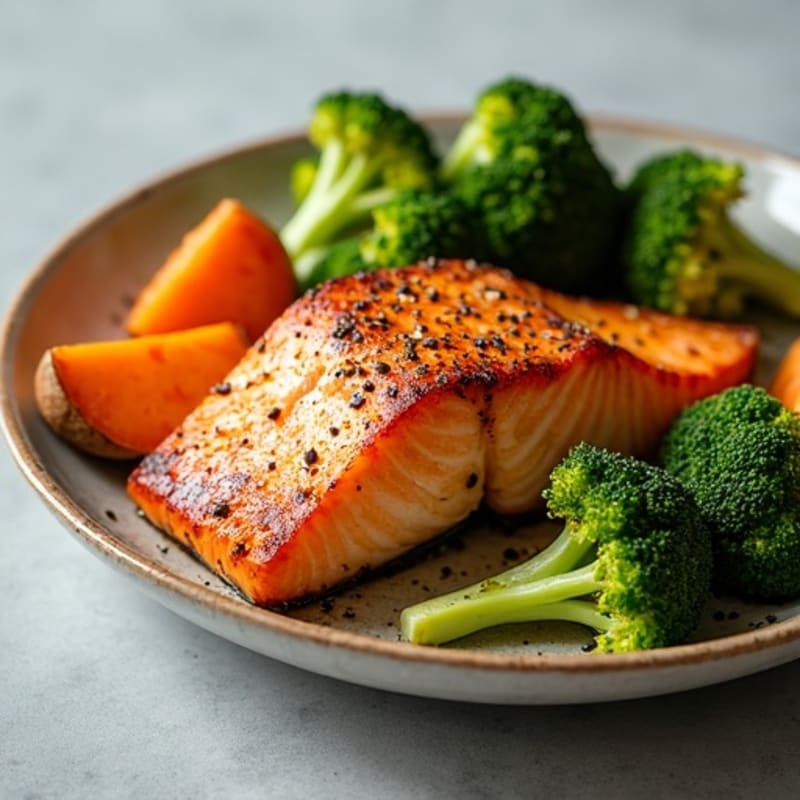 Crispy Baked Salmon with Roasted Broccoli and Sweet Potato