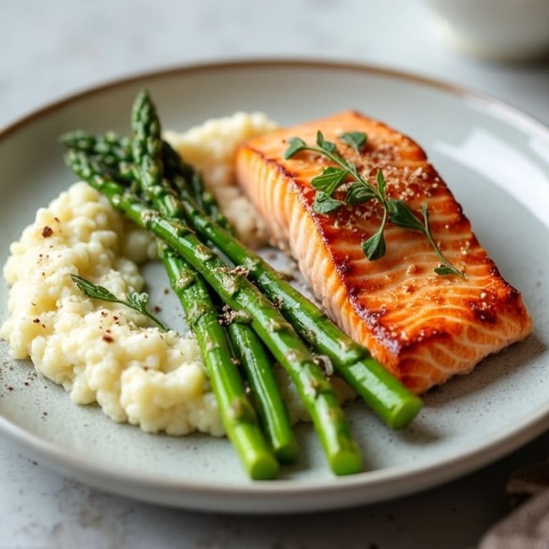 Seared Salmon with Steamed Asparagus and Cauliflower Mash