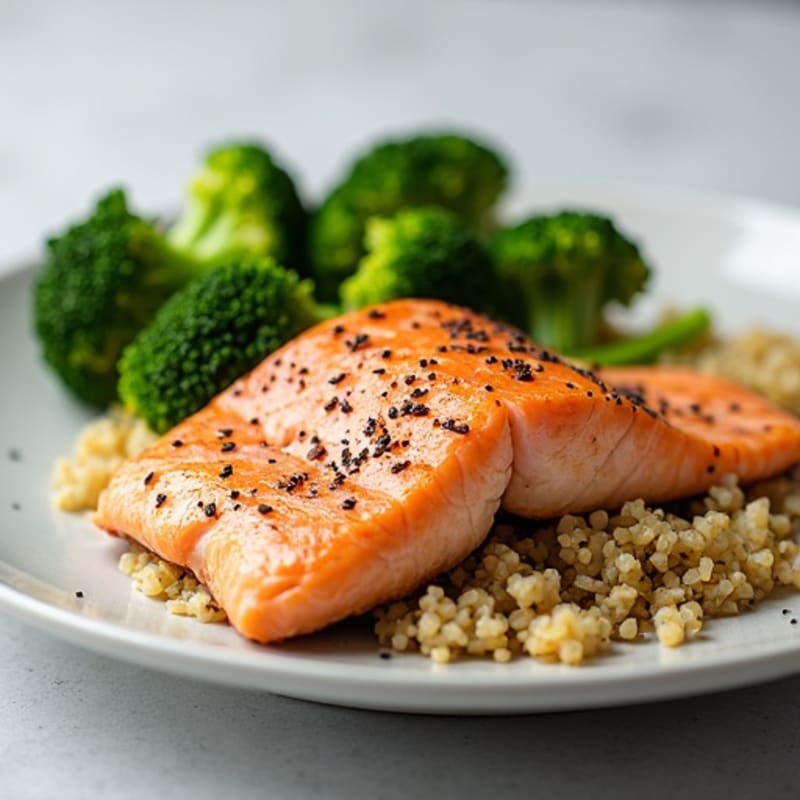 Seared Salmon Fillet with Steamed Broccoli and Quinoa