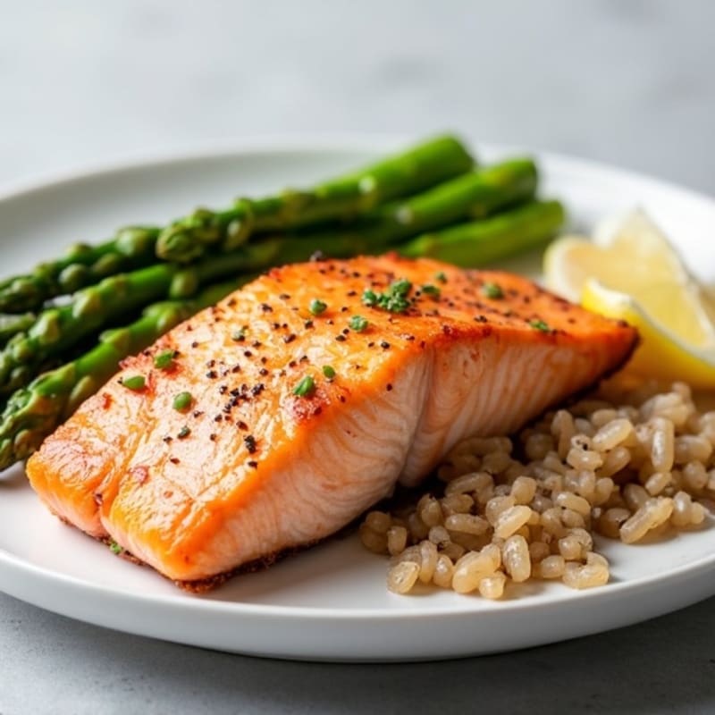 Seared Salmon Fillet with Steamed Asparagus and Brown Rice