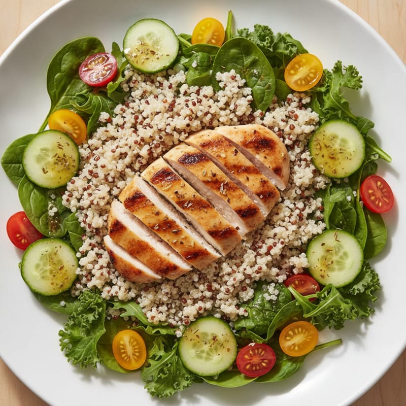 Grilled Chicken Breast Salad with Mixed Greens and Quinoa