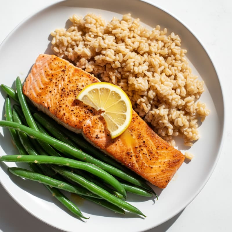 Seared Salmon with Garlic Green Beans and Brown Rice