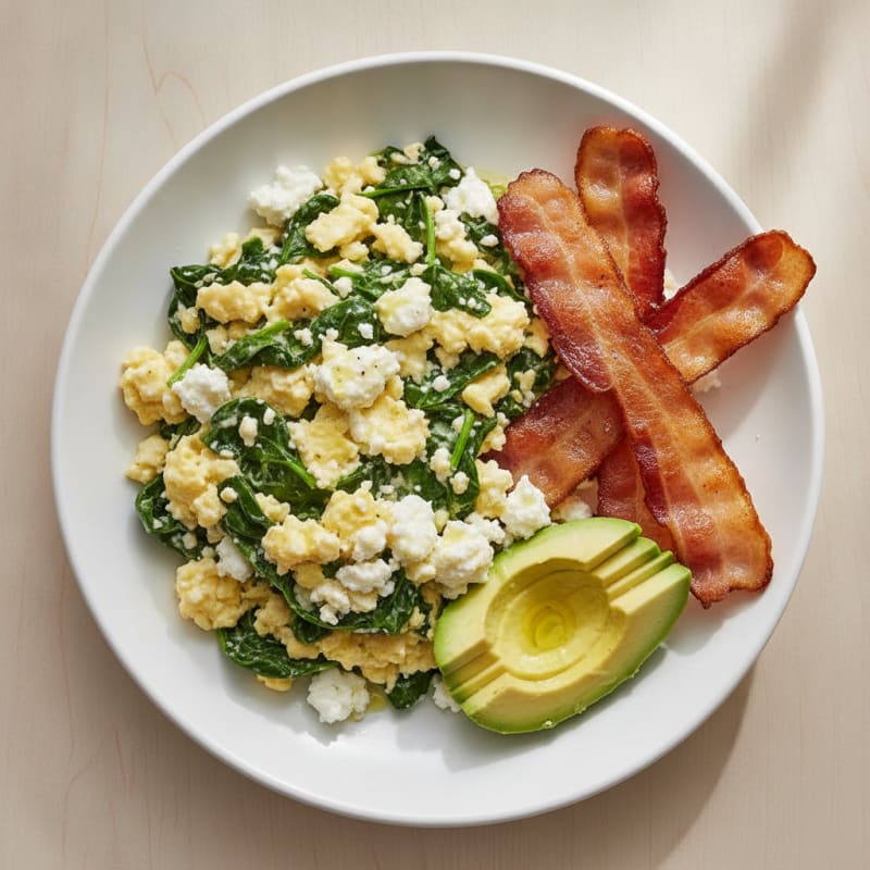 Cottage Cheese Scramble with Spinach and Turkey Bacon