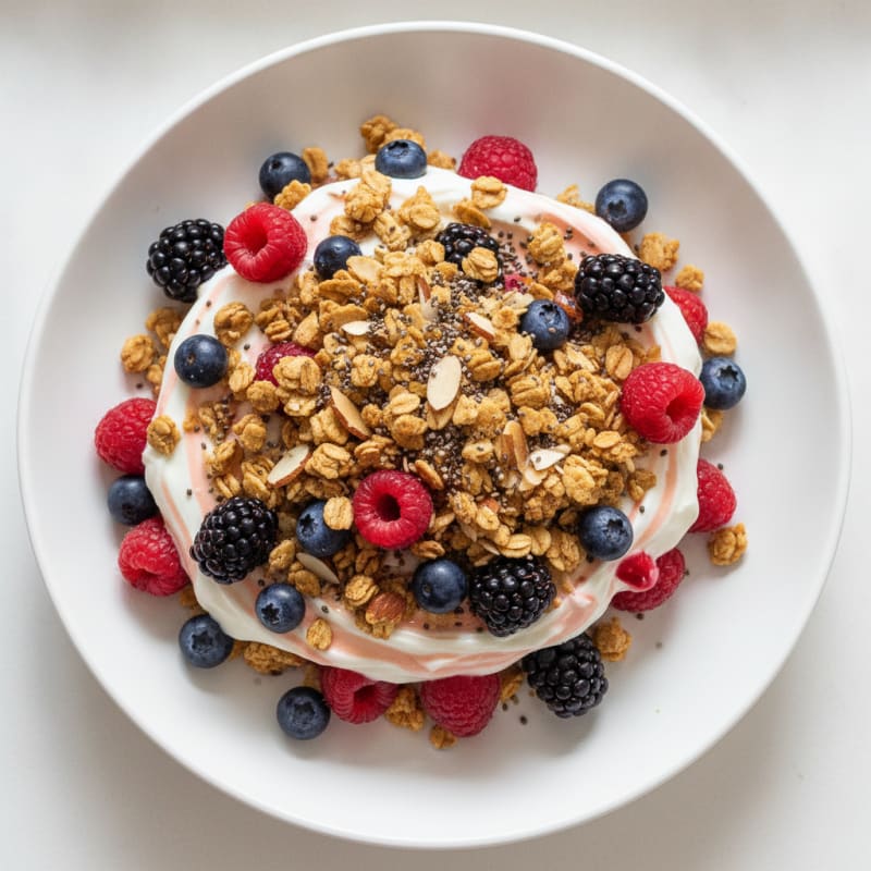 Greek Yogurt Protein Parfait with Crunchy Almond Granola and Mixed Berries