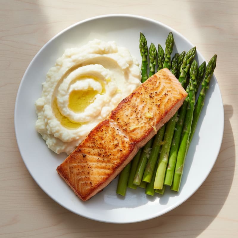 Seared Salmon with Steamed Asparagus and Garlic Mashed Cauliflower