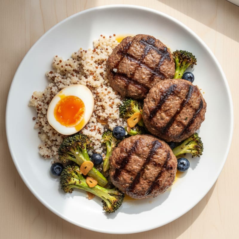 Grilled Ground Beef Patties with Roasted Broccoli and Quinoa