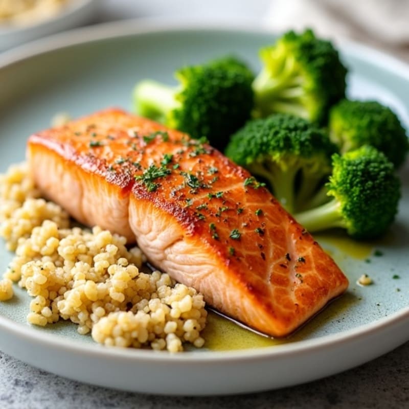 Seared Salmon with Steamed Broccoli and Quinoa