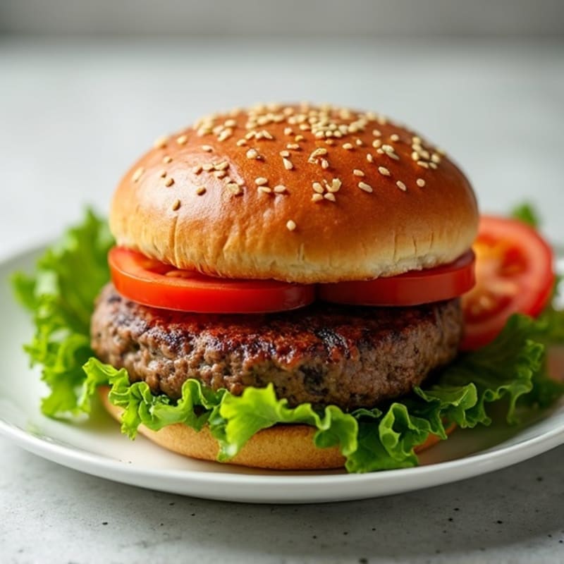 Lean Grilled Beef Burger with Fresh Crispy Lettuce and Tomato