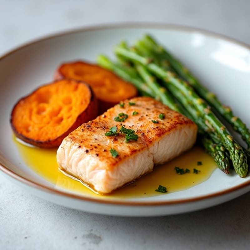 Seared Salmon Fillet with Roasted Sweet Potato and Asparagus