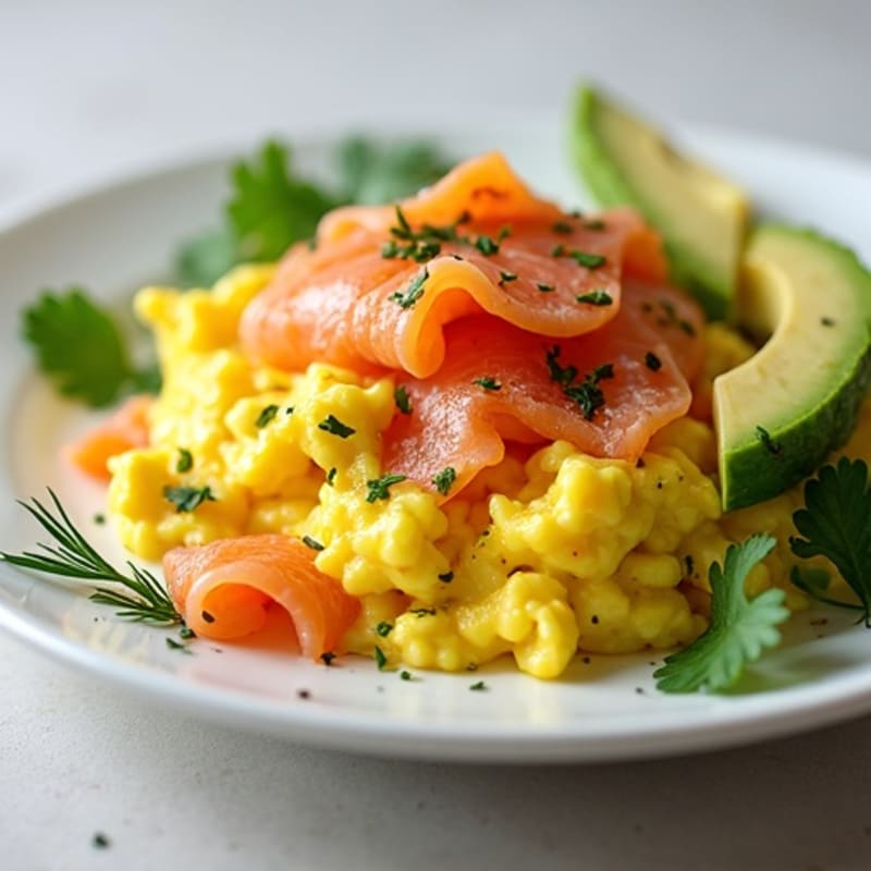Smoked Salmon and Scrambled Eggs with Avocado and Fresh Herbs
