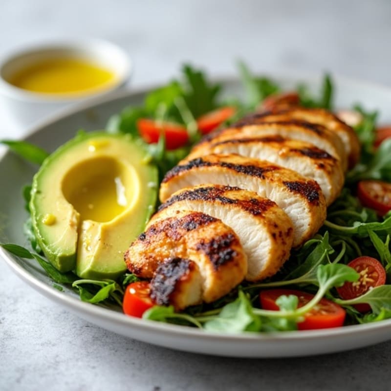Grilled Chicken with Creamy Avocado and Crispy Vegetable Salad
