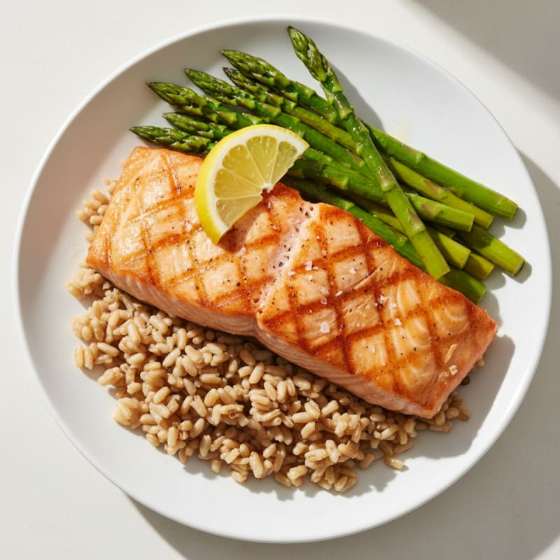 Seared Salmon Fillet with Steamed Asparagus and Brown Rice