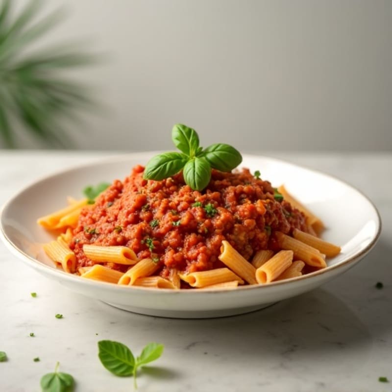 Lean Ground Turkey Bolognese with Whole Wheat Penne and Fresh Basil