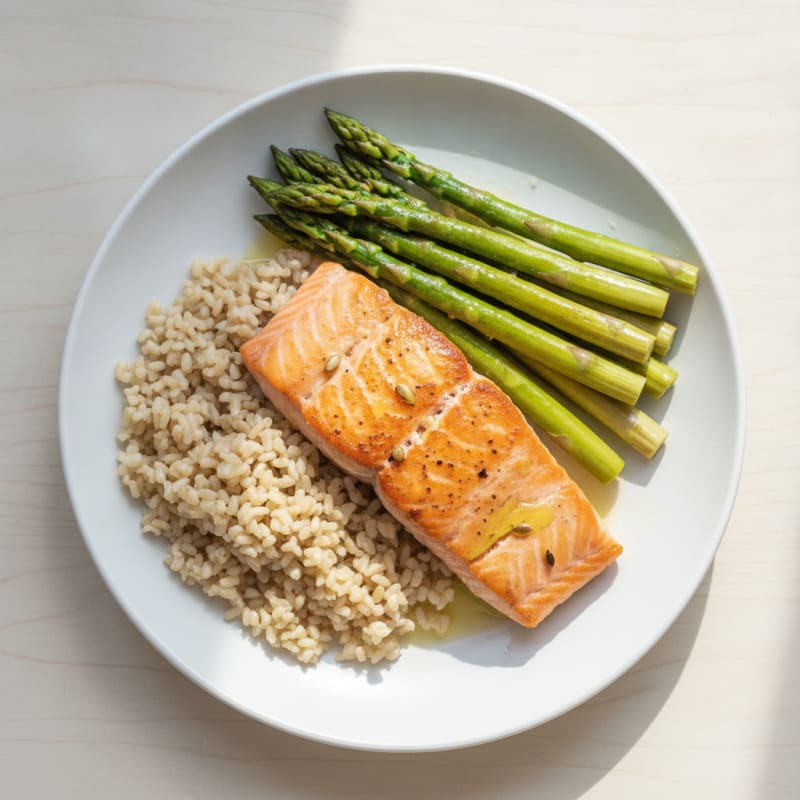 Seared Salmon with Steamed Asparagus and Brown Rice