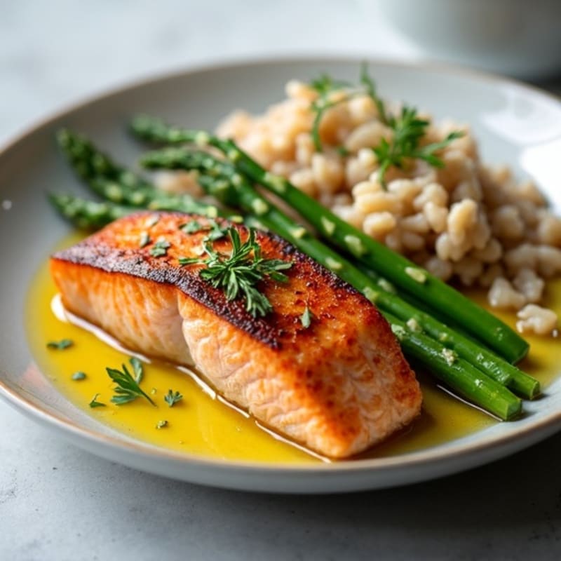 Seared Salmon with Steamed Asparagus and Brown Rice