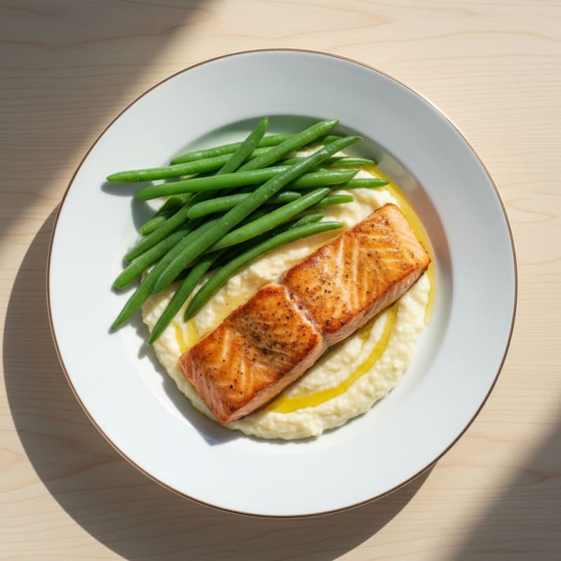 Seared Salmon Filet with Steamed Green Beans and Garlic Mashed Cauliflower