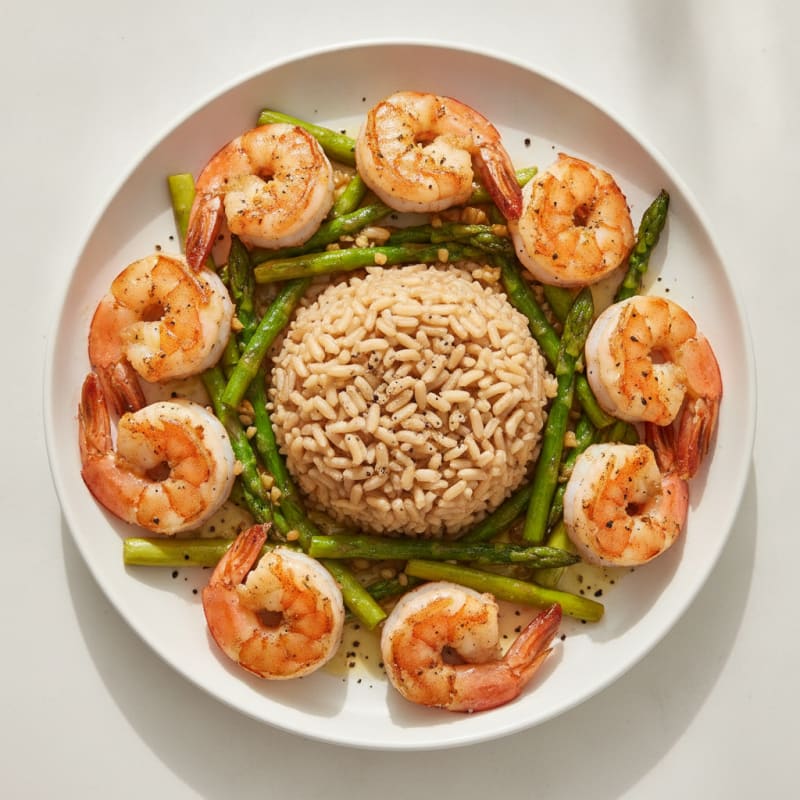 Seared Shrimp with Garlic Asparagus and Brown Rice