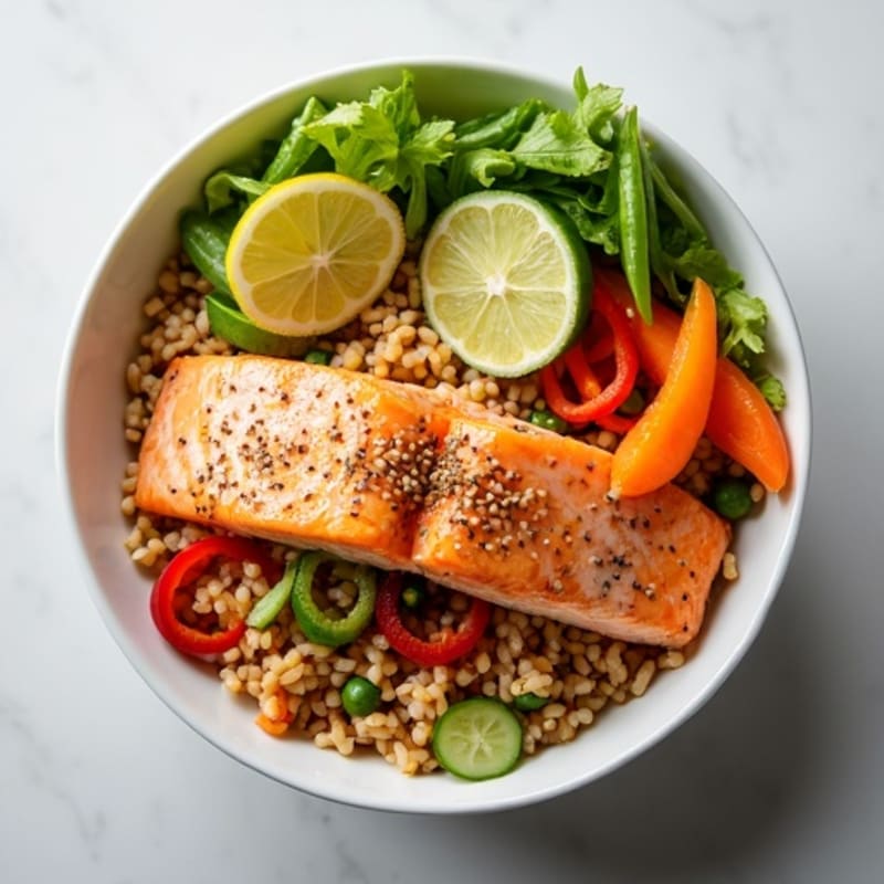 Fresh Salmon and Crunchy Vegetable Rice Bowl