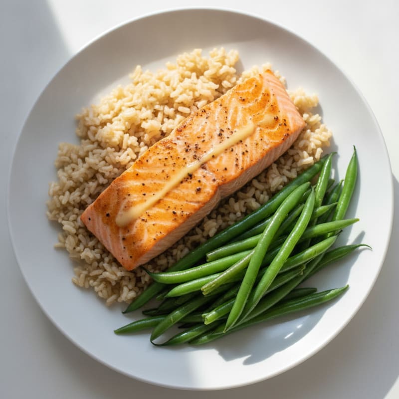 Seared Salmon with Steamed Green Beans and Brown Rice