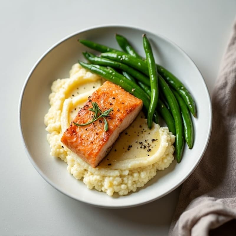 Seared Salmon Fillet with Garlic Green Beans and Cauliflower Mash
