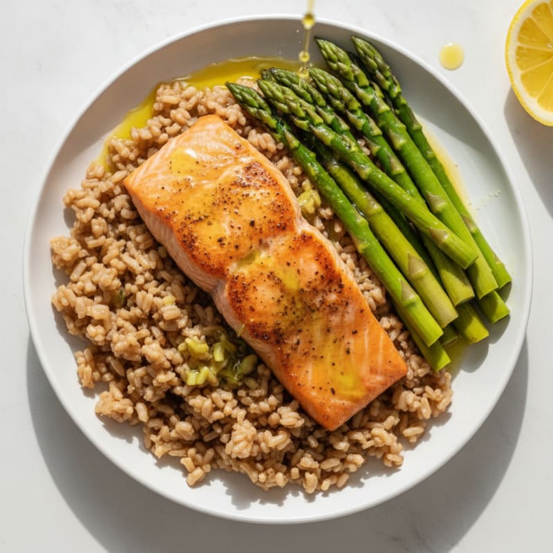 Seared Salmon Fillet with Steamed Asparagus and Brown Rice